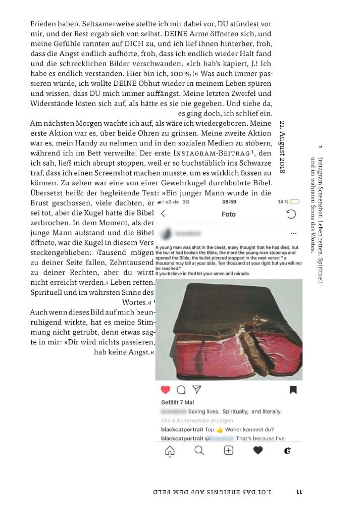 Seite 11 aus dem Buch G.DANKE von Alwina Simon. Zu sehen ist ein Screenshot von Instagram, auf dem eine von einer Gewehrkugel durchbohrte Bibel abgebildet ist.