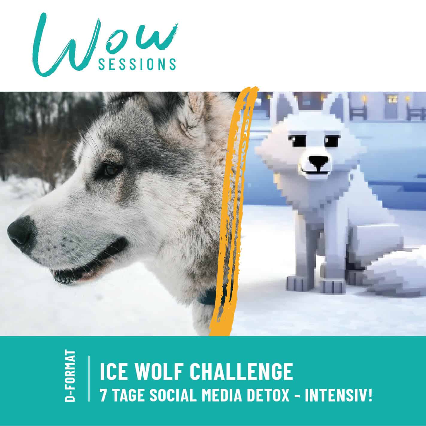 Podcast-Cover der Ice Wolf Challenge, ein echter Husky im Schnee neben einem Pixel-Eiswolf, Einstieg in den intensiven 7-Tage Social Media Detox.