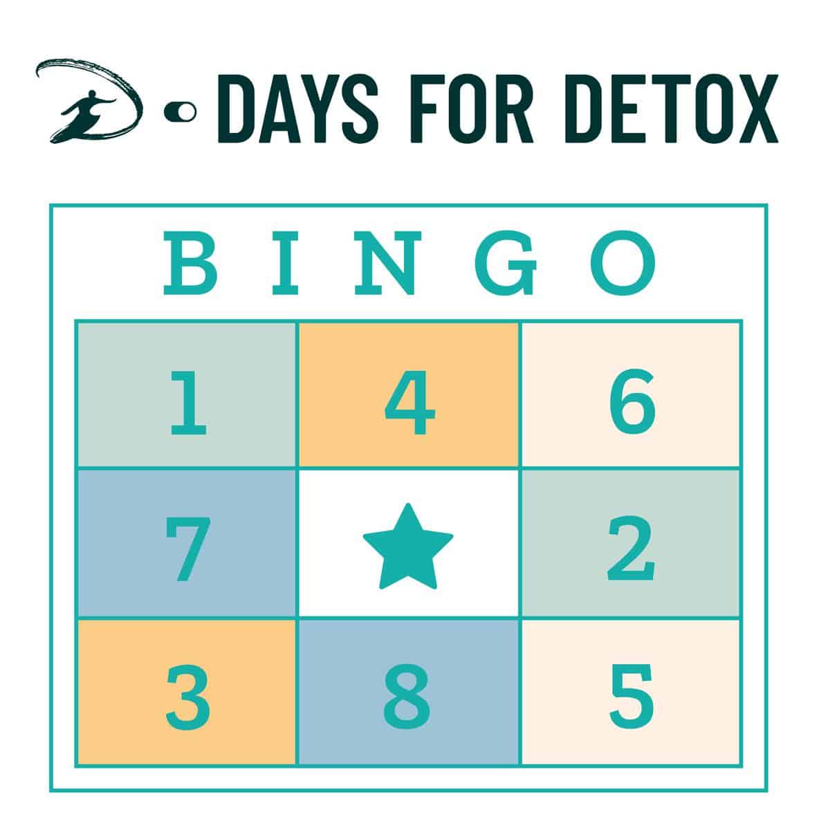 D-Days for Detox Podcast Cover, Bingo-Karte mit neun bunten Feldern zu digitalen Glaubenssätzen, WOW Sessions