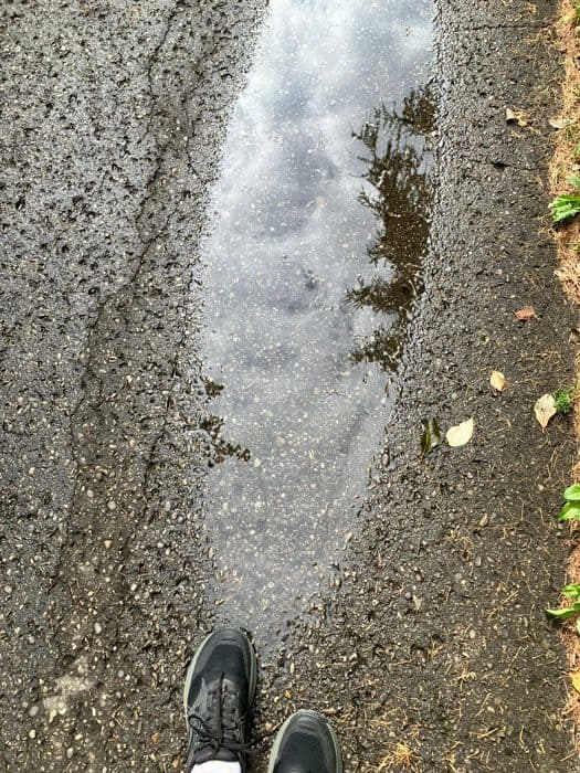 Pfütze auf einem Weg spiegelt den bewölkten Himmel und einen Baum, davor die Füße der Spaziergängerin Alwina Simon, Sinnbild für achtsam spazieren und sehen, was IST.
