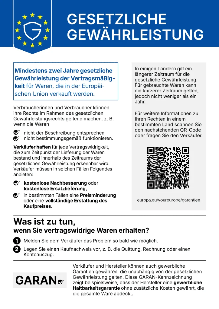 Offizielles EU-Label zur gesetzlichen Gewährleistung: Käuferinnen und Käufer haben mindestens zwei Jahre gesetzliche Gewährleistung auf Waren, die in der EU verkauft werden.