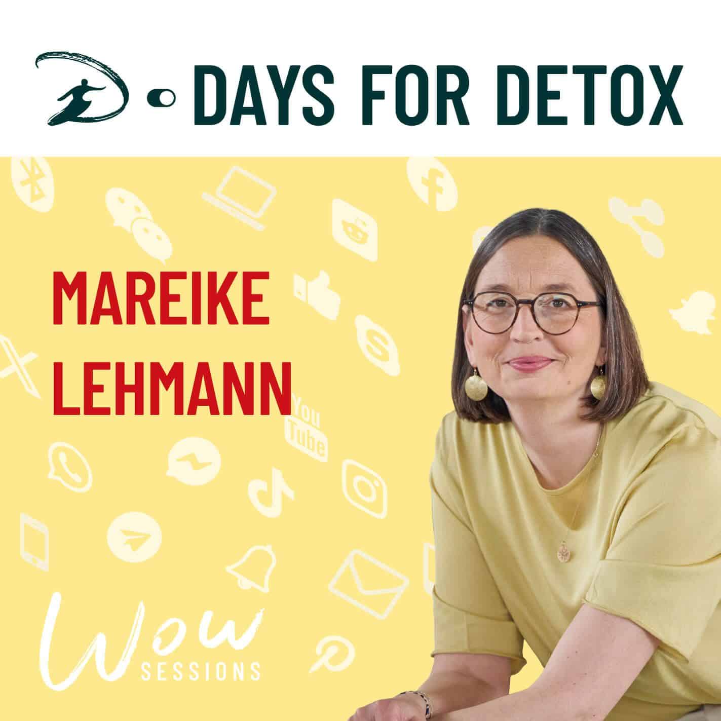 Podcast-Cover von D-Days for Detox mit Gästin Mareike Lehmann vor gelbem Hintergrund voller Social-Media-Symbole, zur Folge über Leistungsidentität und ständig am Handy sein