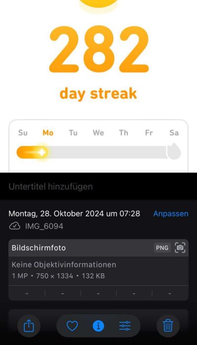 Bilddetails zum Duolingo-Screenshot: aufgenommen am Montag, 28. Oktober 2024 um 7:28 Uhr.