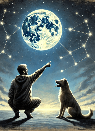 Sehen was IST Mann zeigt dem Hund den Mond KI-Illustration Gemalte Illustration: Ein Mann hockt in einer weiten Landschaft und zeigt mit ausgestrecktem Arm auf einen leuchtenden Vollmond am Sternenhimmel, sein Hund sitzt daneben und schaut ihn an statt den Mond, Sinnbild für beobachten, ohne zu bewerten.