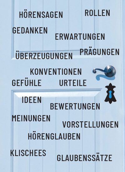 Im Hintergrund ist eine helle, bläulich schimmernde Holztür zu sehen. Auf ihr sind verschiedene Begriffe platziert (Hörensagen, Rollen, Gedanken, Erwartungen, Prägungen, Überzeugungen, Konventionen, Gefühle, Urteile, Ideen, Bewertungen, Meinungen, Vorstellungen, Hörenglauben, Klischees, Glaubenssätze). Unterhalb der Türklinke befindet sich ein antikes Schlüsselloch als Grafik. / Credits: Topsphere Media via unsplash.com